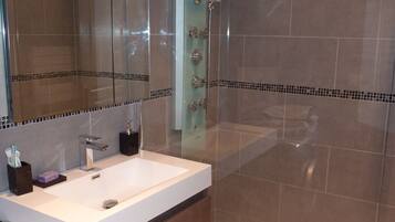 Shower, hair dryer, soap, shampoo