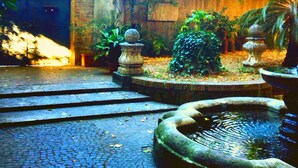 A courtyard with a fountain, stone steps, and potted plants.