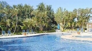 Una piscina con sillas de descanso y palmeras al fondo.