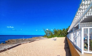 On the beach, sun-loungers, beach towels