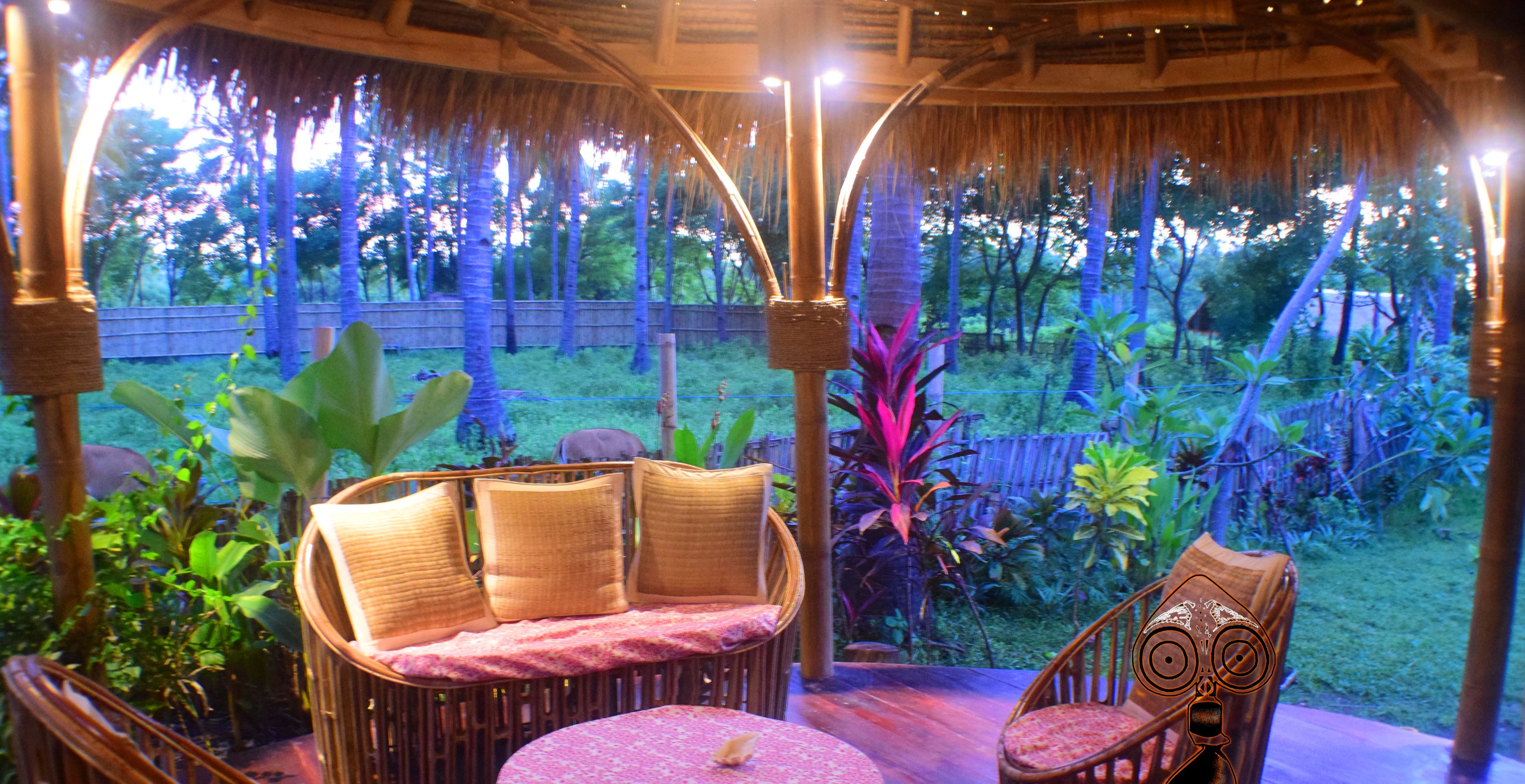 Un espacio al aire libre cubierto con mobiliario de mimbre y una mesa, rodeado de exuberante vegetación tropical y una valla de madera.