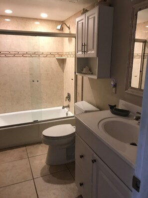 Tina con regadera, secadora de cabello, toallas 