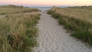 A sandy path leading to a beach with a signboard, surrounded by grassy dunes.