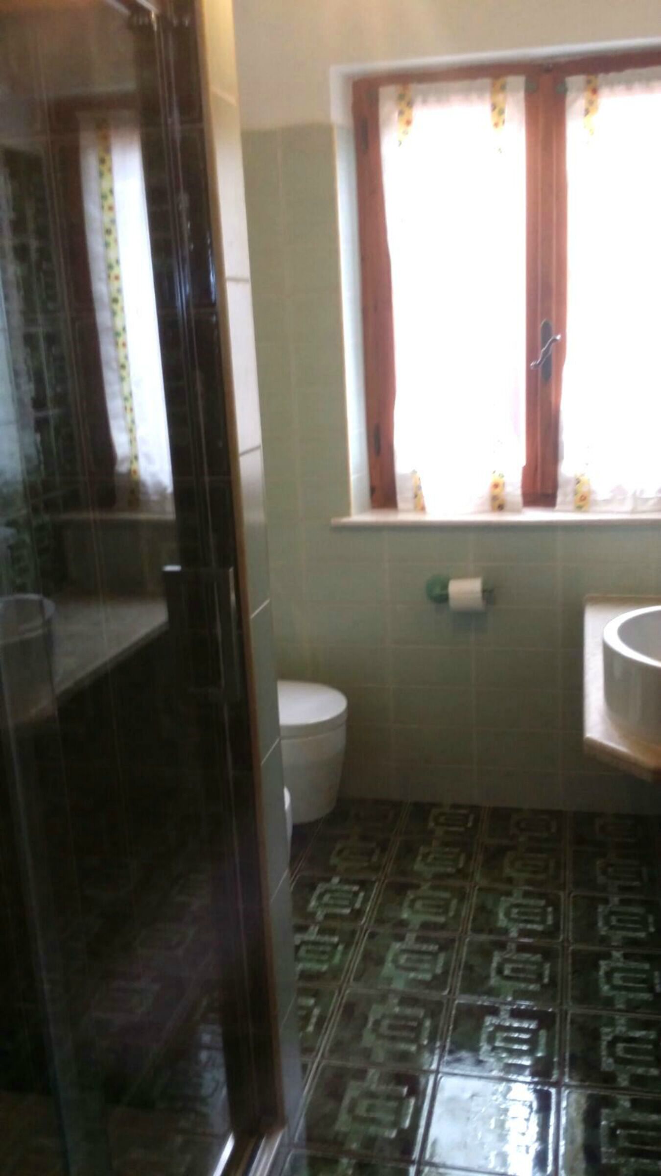 A bathroom with a toilet, a sink, and a window with curtains.