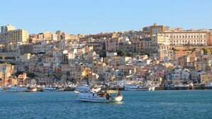 A coastal cityscape with densely packed buildings and a marina filled with boats.