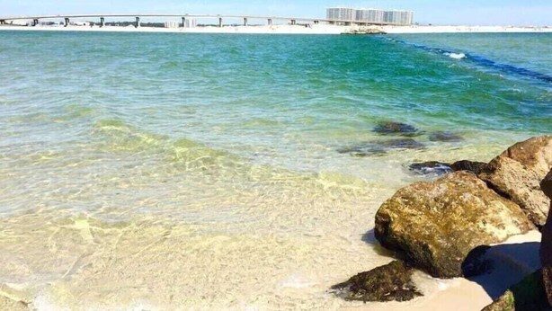 Una spiaggia con acque limpide, rocce e un molo sullo sfondo.