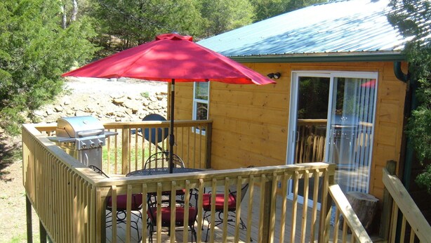 A wooden deck with a red umbrella, a grill, and a small building with a blue roof. - CEDAR CREST CABIN NEAR DOUGLAS LAKE. 30 MILES AWAY FROM GATLIN BURG.   (NEWPORT)