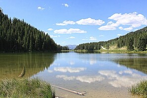 Un lac paisible, entouré d’une forêt dense et de montagnes.