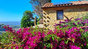 A stone building with a tiled roof, a window, and a solar panel. - Cozy stone house in the green, sea-lake view, garden, air cond. WIFI, washer (Montigiano)