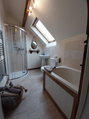 Combined shower/tub, eco-friendly toiletries, hair dryer, towels