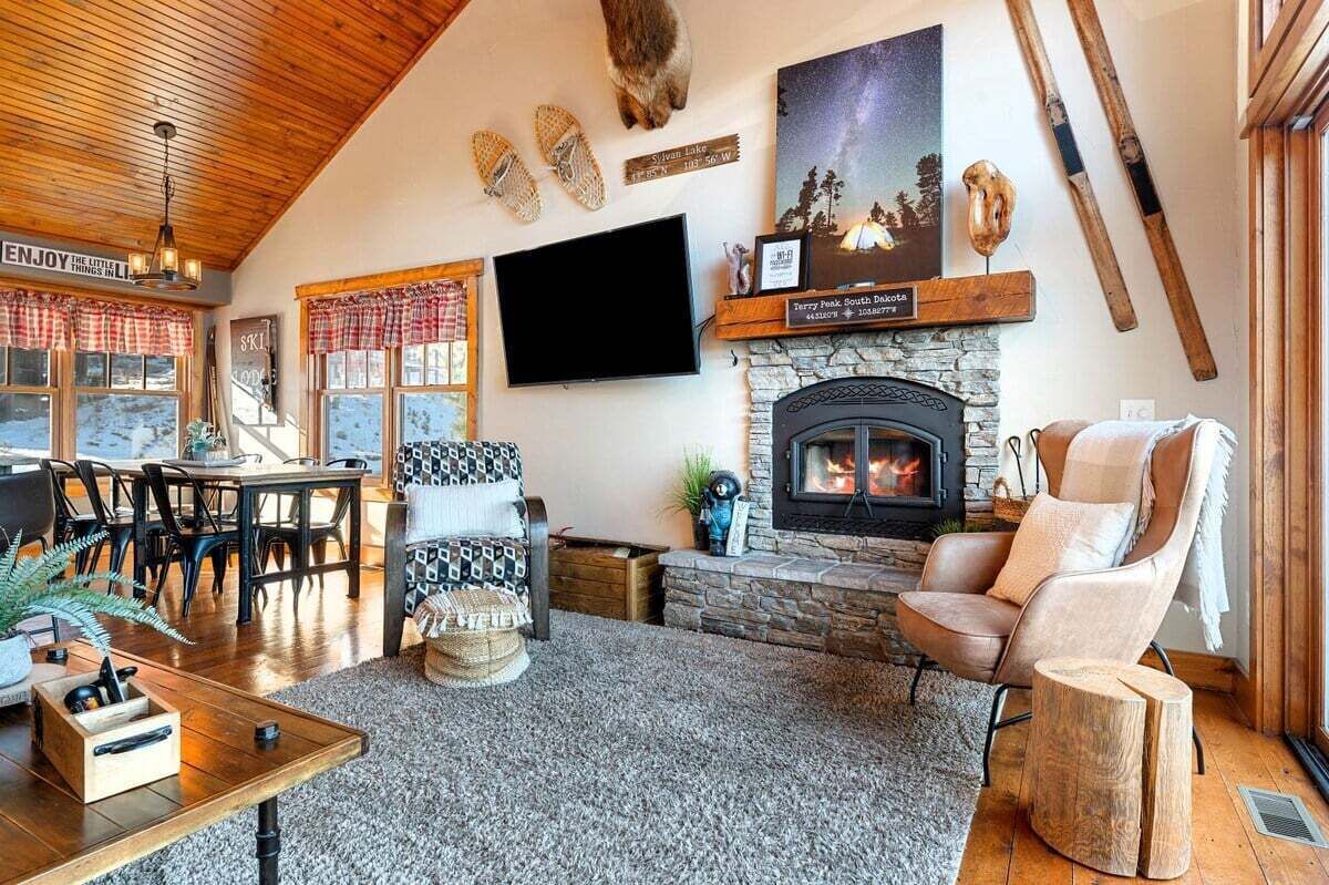 Flat-screen TV, fireplace