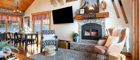 Flat-screen TV, fireplace