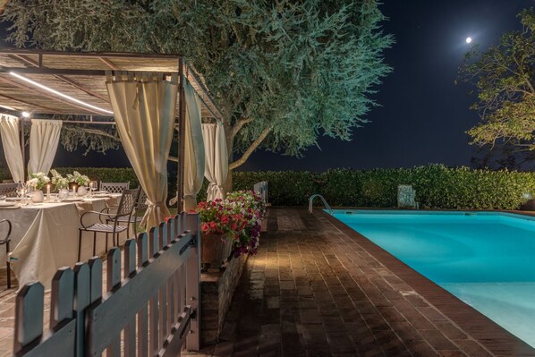 An outdoor dining area with a covered patio, a pool, and a night sky with a visible moon.