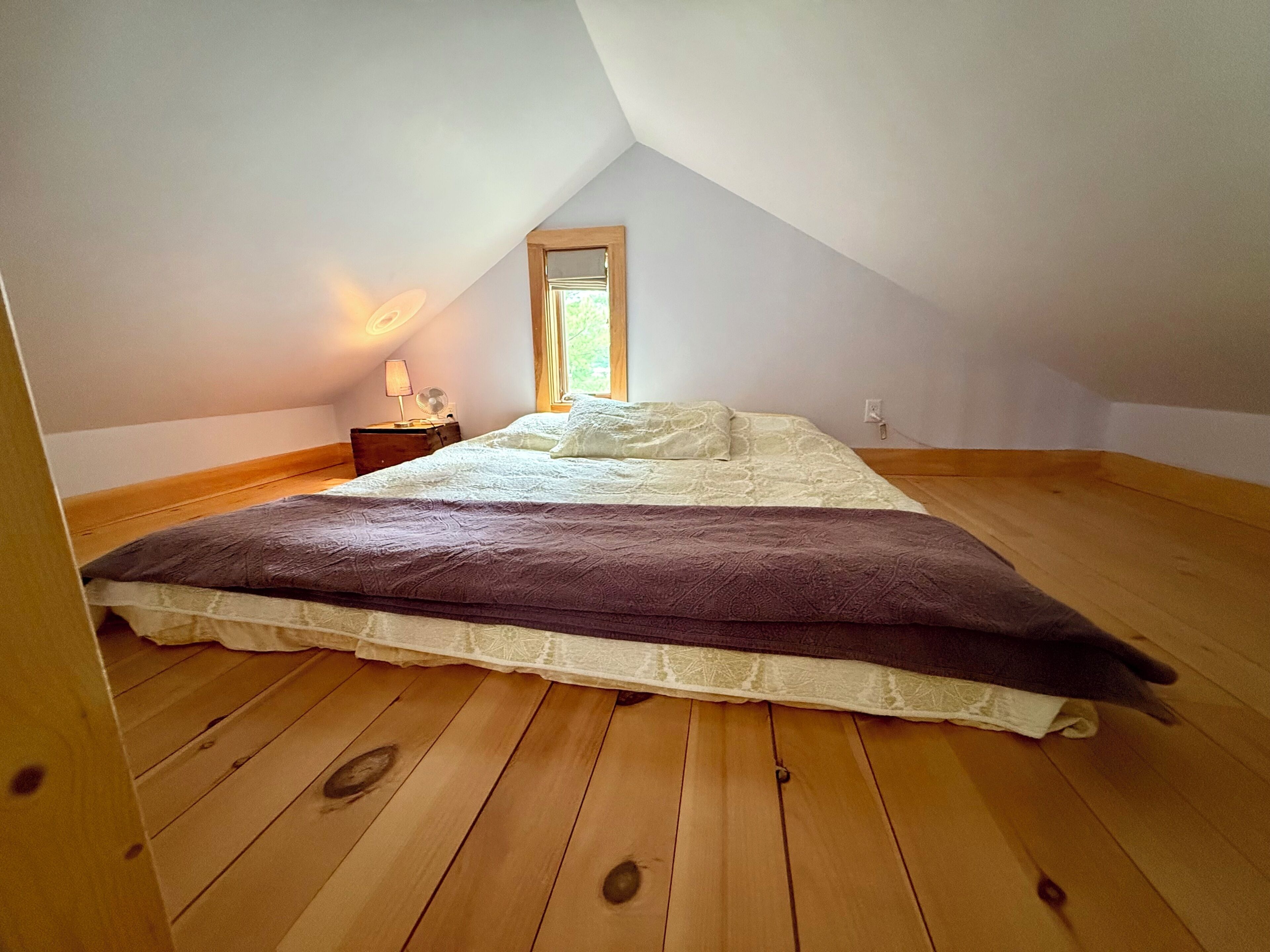 A bedroom with a sloped ceiling, a bed with a white and brown duvet, a bedside table with a lamp, and a window with a view of greenery.