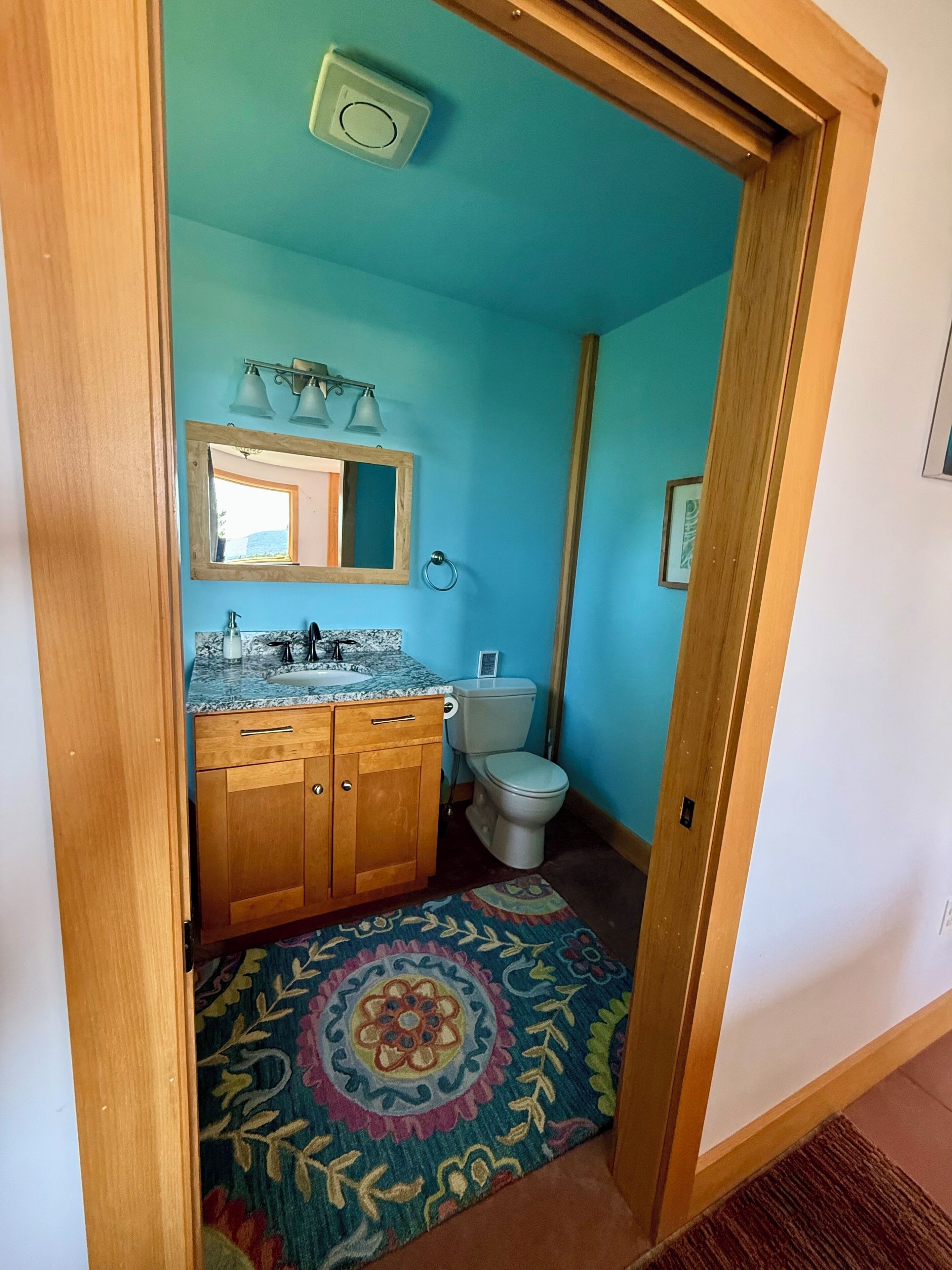 Un baño con tocador de madera, inodoro, espejo y alfombra estampada.