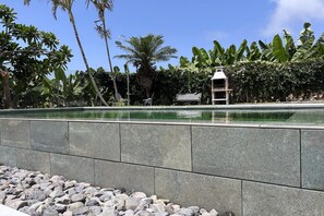 A swimming pool with a stone wall, surrounded by tropical vegetation and a small gazebo.