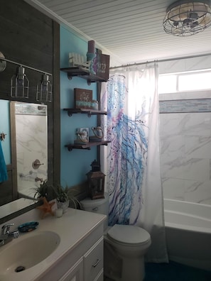Ensemble douche/baignoire, sèche-cheveux, serviettes fournies, savon