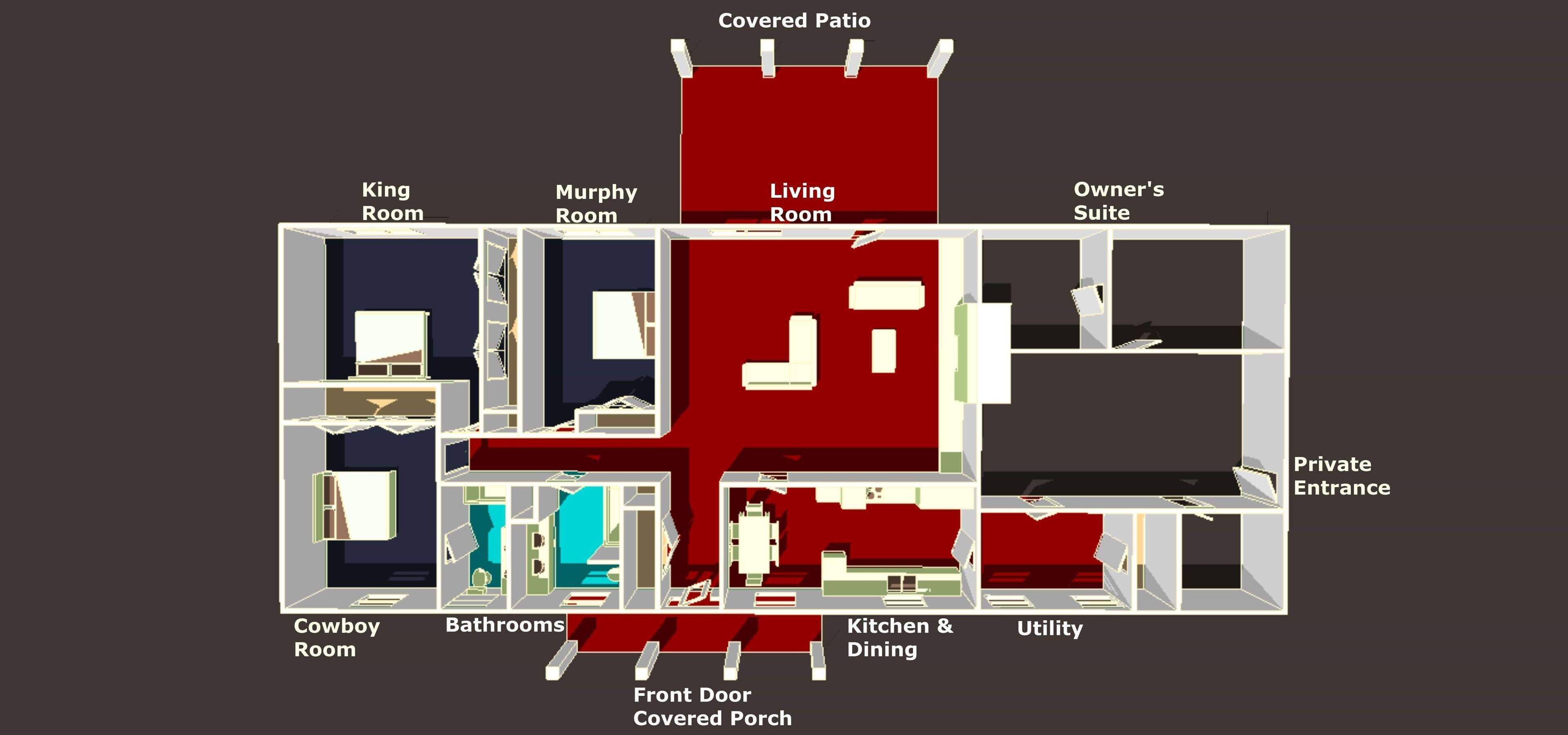 A floor plan of a house with labeled rooms including King Room, Murphy Room, Living Room, Owner's Suite, Private Entrance, Bathroom, Kitchen & Dining, Utility, and a Covered Patio.