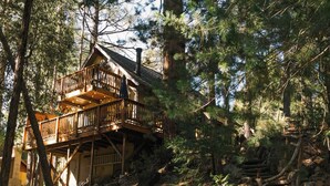 A wooden cabin with a balcony, surrounded by trees and a stone staircase. - Idyllbrook: Mission-style gem with a screened BrookHouse gazebo & EV charger. (Idyllwild-Pine Cove)