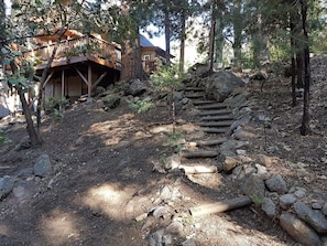 Surrounded by dense forest, this lodge features a rustic staircase leading up a rocky slope.
