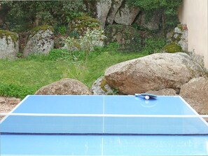 A ping pong table with a net, surrounded by rocks and greenery.