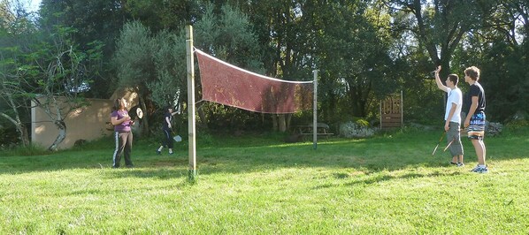 A grassy outdoor area with a volleyball net, trees, and a wooden fence.