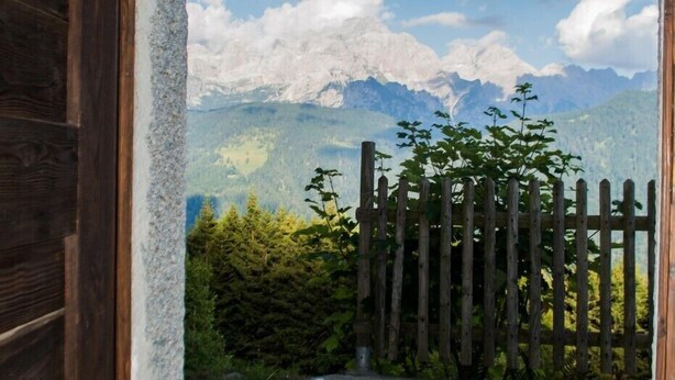 Eine Holztür, die zu einer gepflasterten Fläche mit Holzzaun und Grünpflanzen führt.
