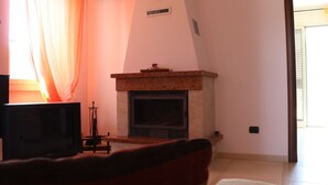 A living room with a fireplace, a television, and a window with curtains.