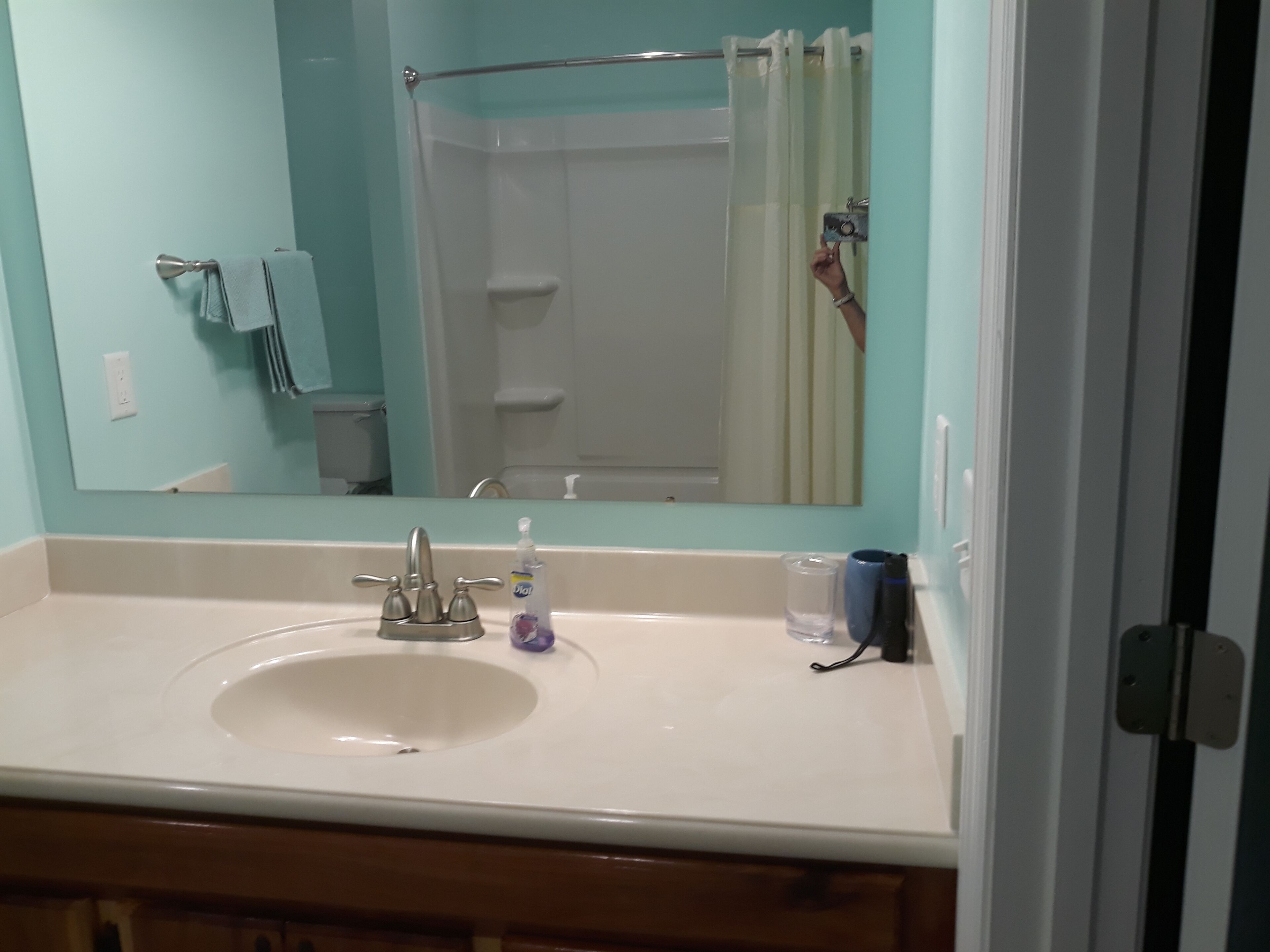 A bathroom with a sink, mirror, and shower.