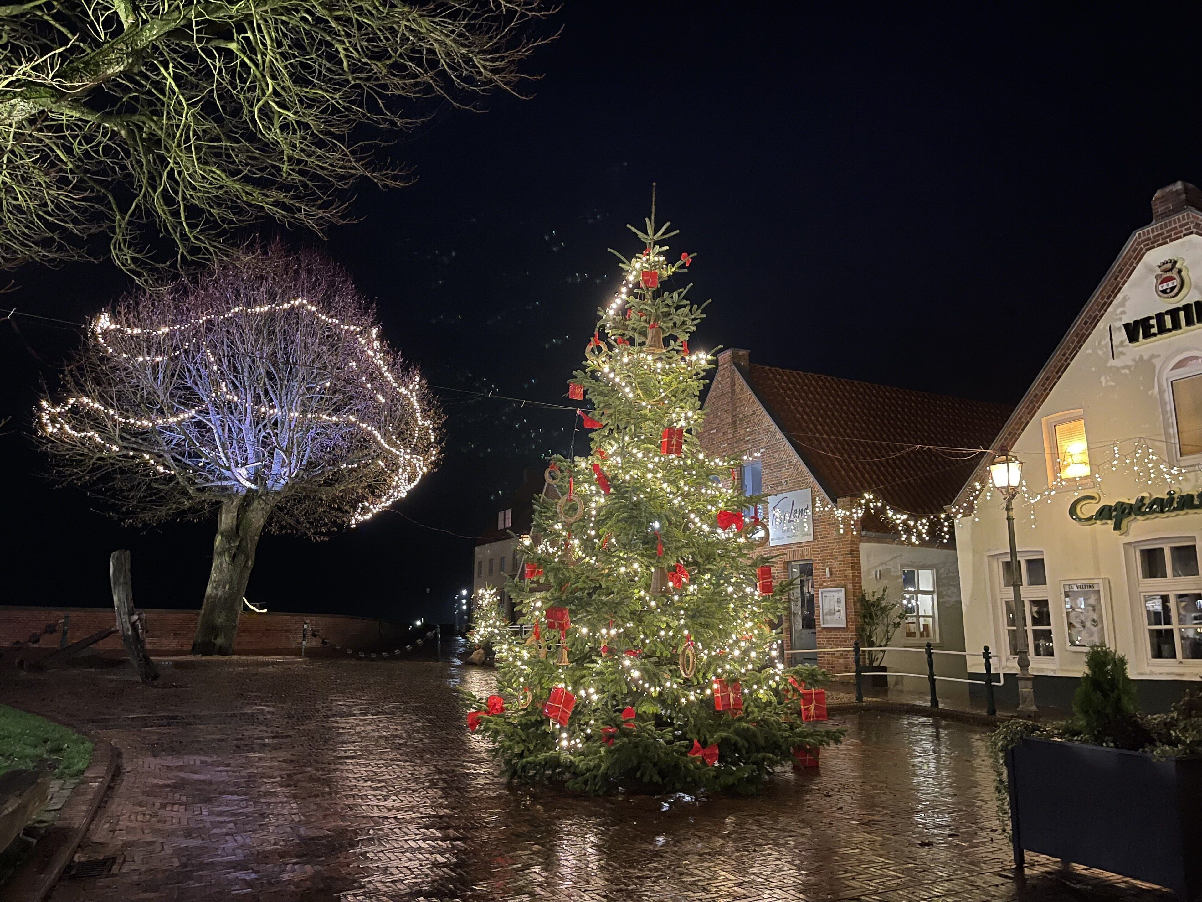 A Christmas tree decorated with lights and ornaments in front of a building with a sign reading "Captains".
