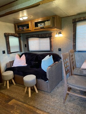 Televisión, chimenea, reproductor de DVD y estéreo 