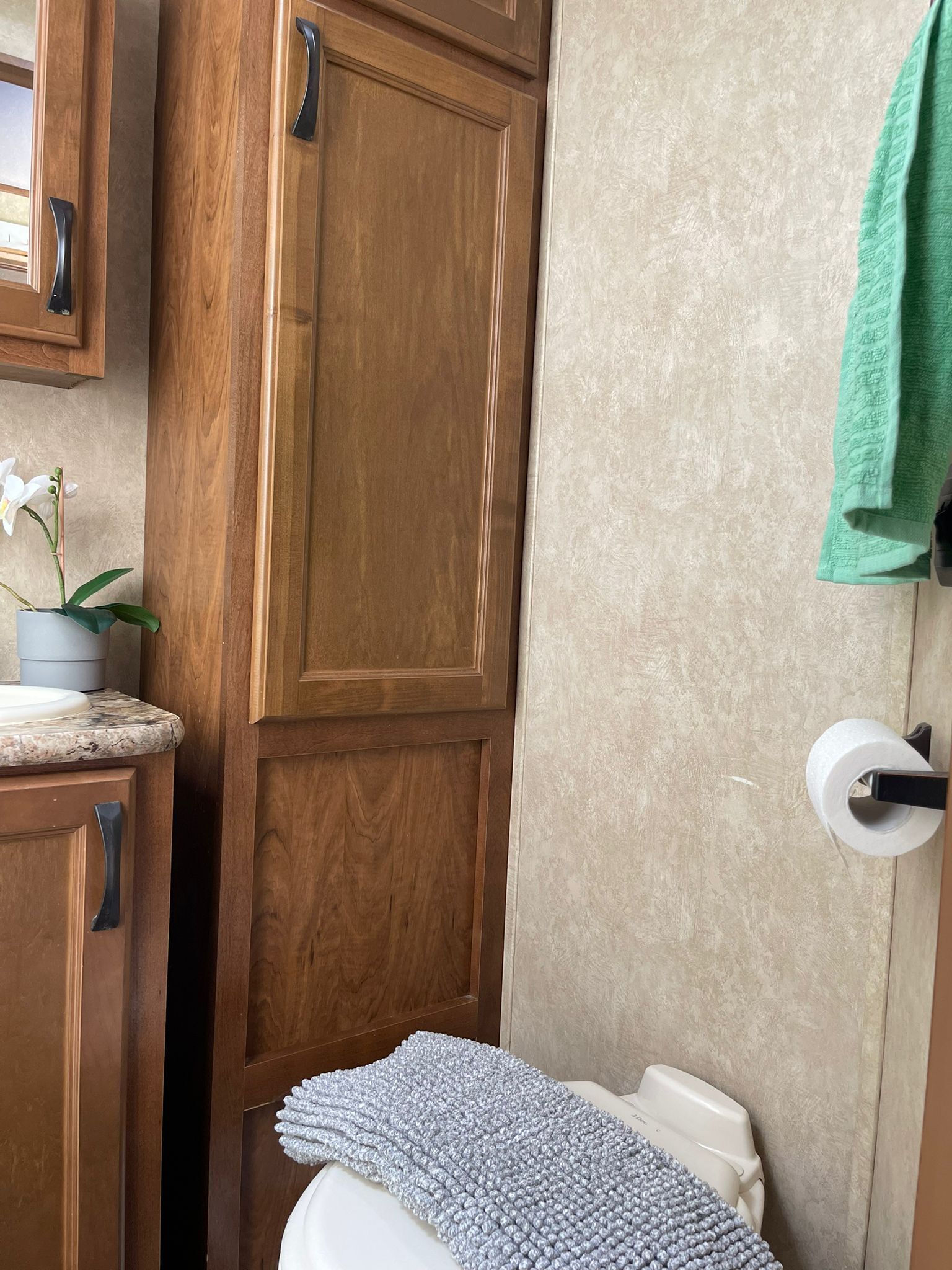 A bathroom with wooden cabinetry, a toilet, a towel rack, and a potted orchid.
