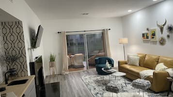 Smart TV, chimenea, reproductor de DVD y libros