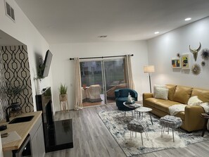 Smart TV, fireplace, DVD player, books