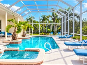 “Your private screened pool and spa — a tropical retreat all to yourself.” Electric heat for pool, propane heat for hottub, grill & fireplace. Fuel costs extra. - 4BR Private Home, one floor, Heated Pool & Spa,Pet Friendly, New Smyrna Beach


 (NEW SMYRNA BEACH)