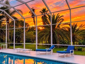 Another beautiful day in New Smyrna Beach, Fl. 
Outdoor garden. Palmtrees. Plenty of lounge chairs and seating. - Private h. pool & hot tub, one floor, sleeps 2 to 8 Pets ok New Smyrna Beach, FL (NEW SMYRNA BEACH)