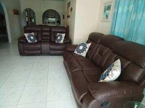 A living room with a brown leather sofa and a matching armchair, both with decorative pillows.