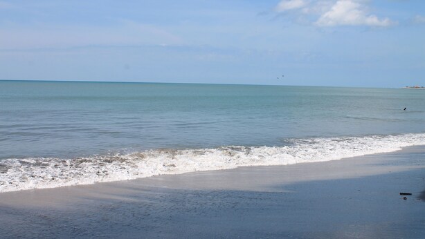 Ein Strand mit ruhigem Wasser und blauem Himmel.