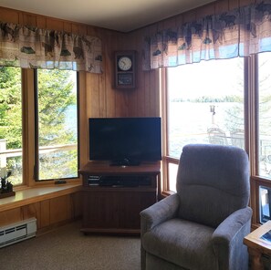 TV, DVD player, video library, stereo