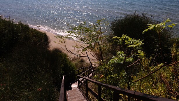 A wooden staircase leading to a beach with a view of the ocean.