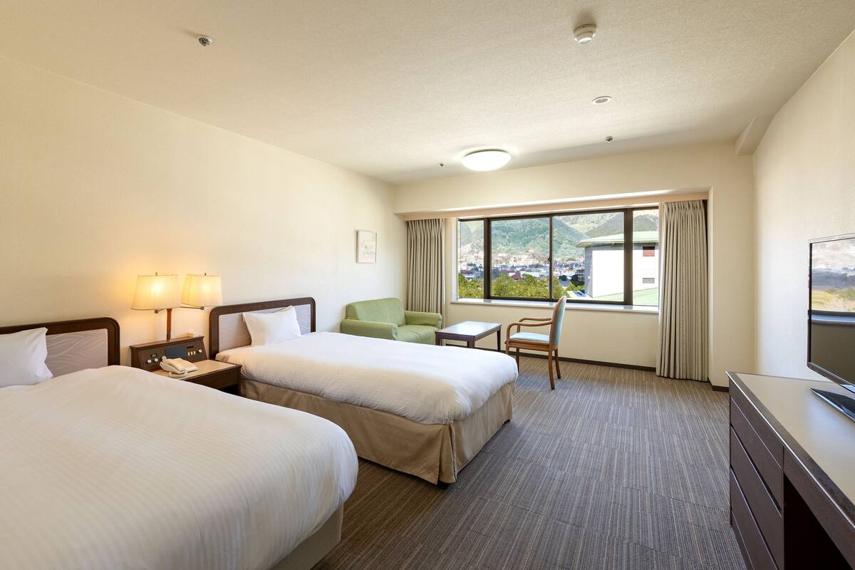 Habitación de hotel con dos camas, un escritorio, una silla, un televisor y una ventana con vistas al exterior.