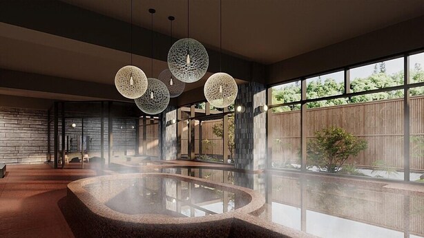 Un área de spa moderna con aguas termales, paredes de piedra y ventanas amplias.