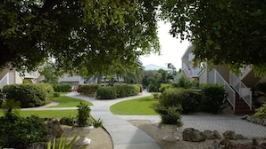 A residential area with a curved pathway, well-maintained lawns, and a variety of shrubs and plants.