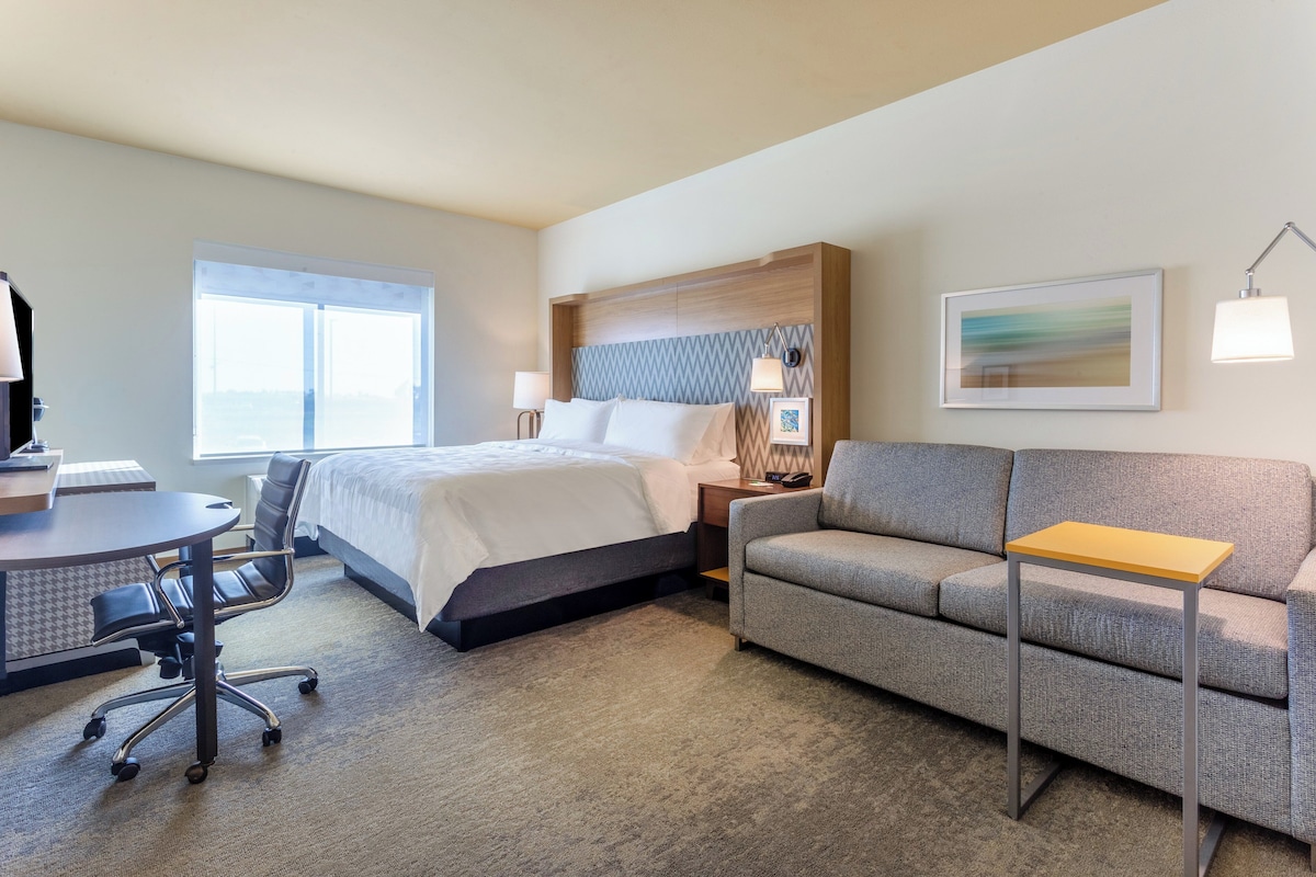 Een hotelkamer met een bed, een slaapbank, een bureau met stoel, een lamp en een foto aan de muur.