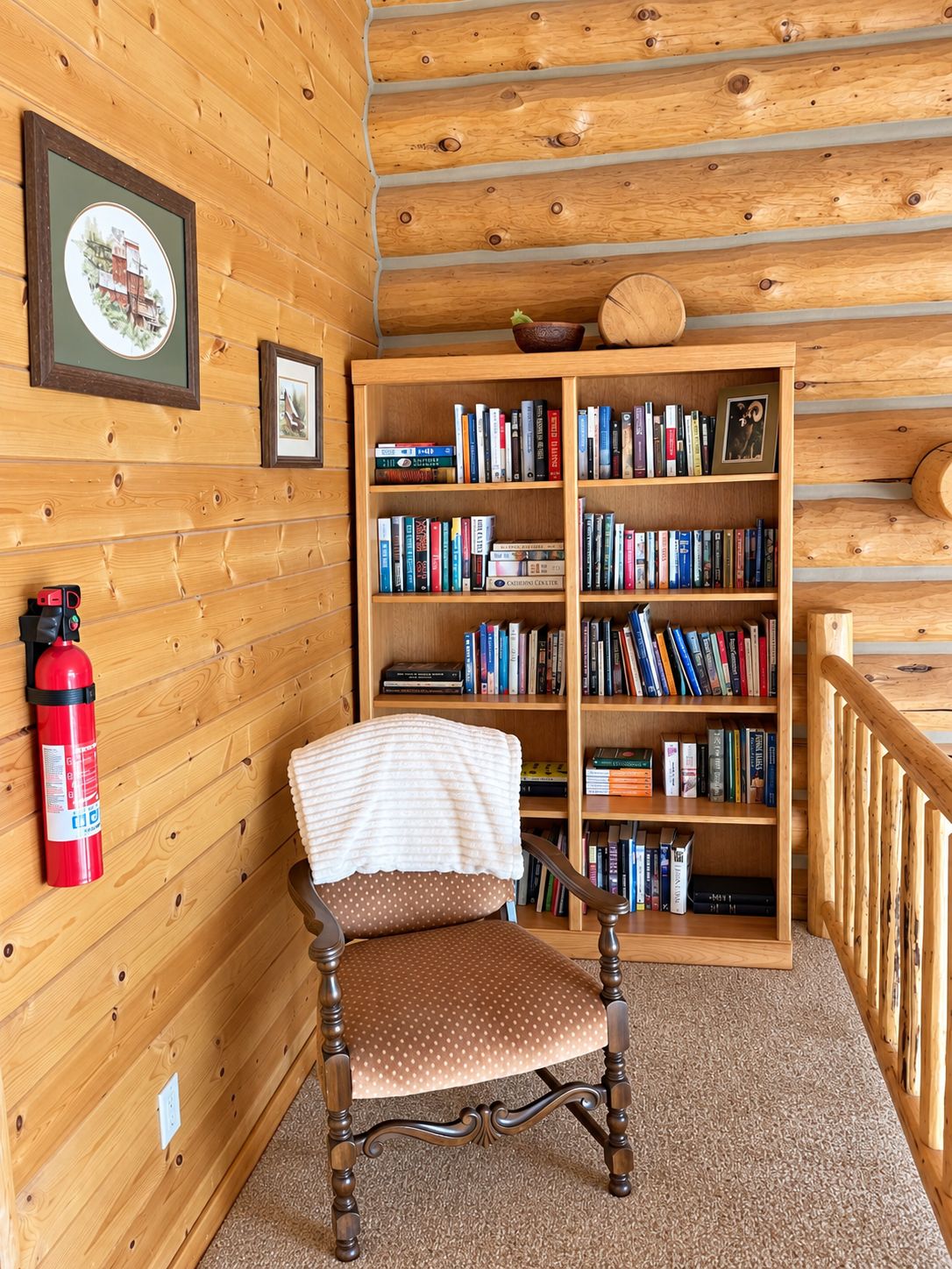 A wooden interior with a chair, a bookshelf, and a fire extinguisher.