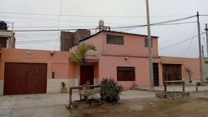 Un edificio residencial con puerta de garaje cerrada, una entrada pequeña y una planta en maceta al frente.
