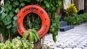 A tire with "WELCOME TO" and "MEGA GALA" written on it, surrounded by greenery. - Mega Cahya Bungalow (Lembongan Island)