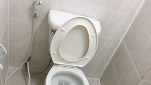 Inodoro blanco con asiento bidé en un baño con azulejos.
