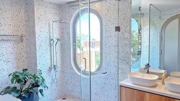 Family Quadruple Room, 2 Double Beds, Non Smoking, Bathtub | Bathroom | Shower, hydromassage showerhead, designer toiletries, hair dryer