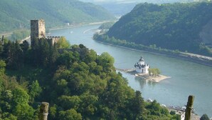 A castle on a hill overlooking a river, surrounded by lush greenery. - Hotel Deutsches Haus (Kaub)